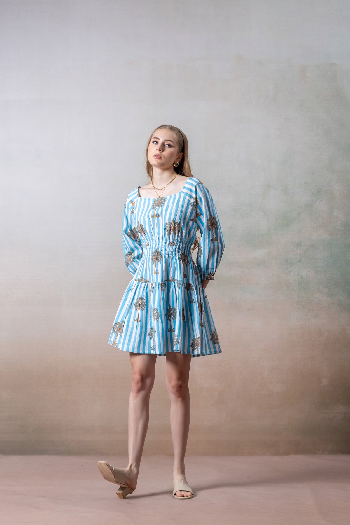 Azure Palm Striped Cotton Short Dress