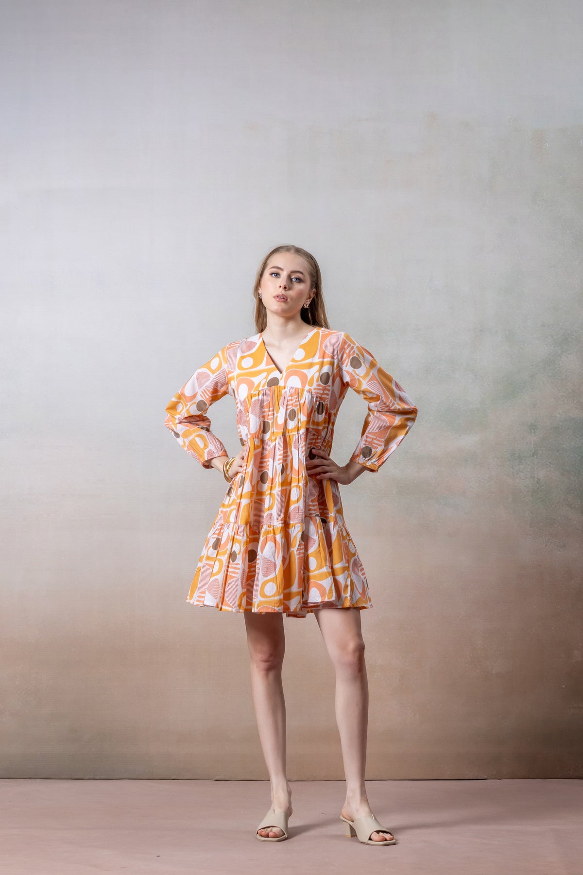 Sunset Aura Geometric Printed Tiered Dress