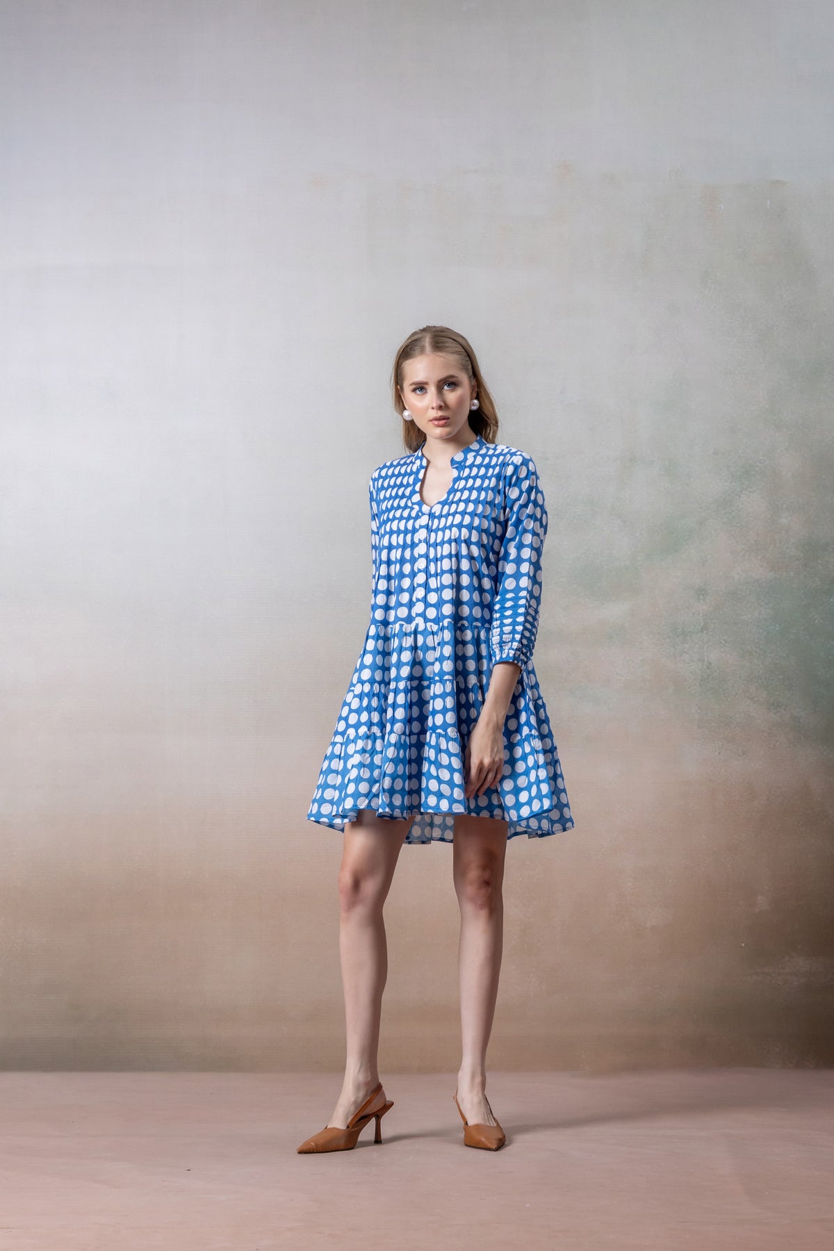 Azure Bloom Polka Tiered Short Dress