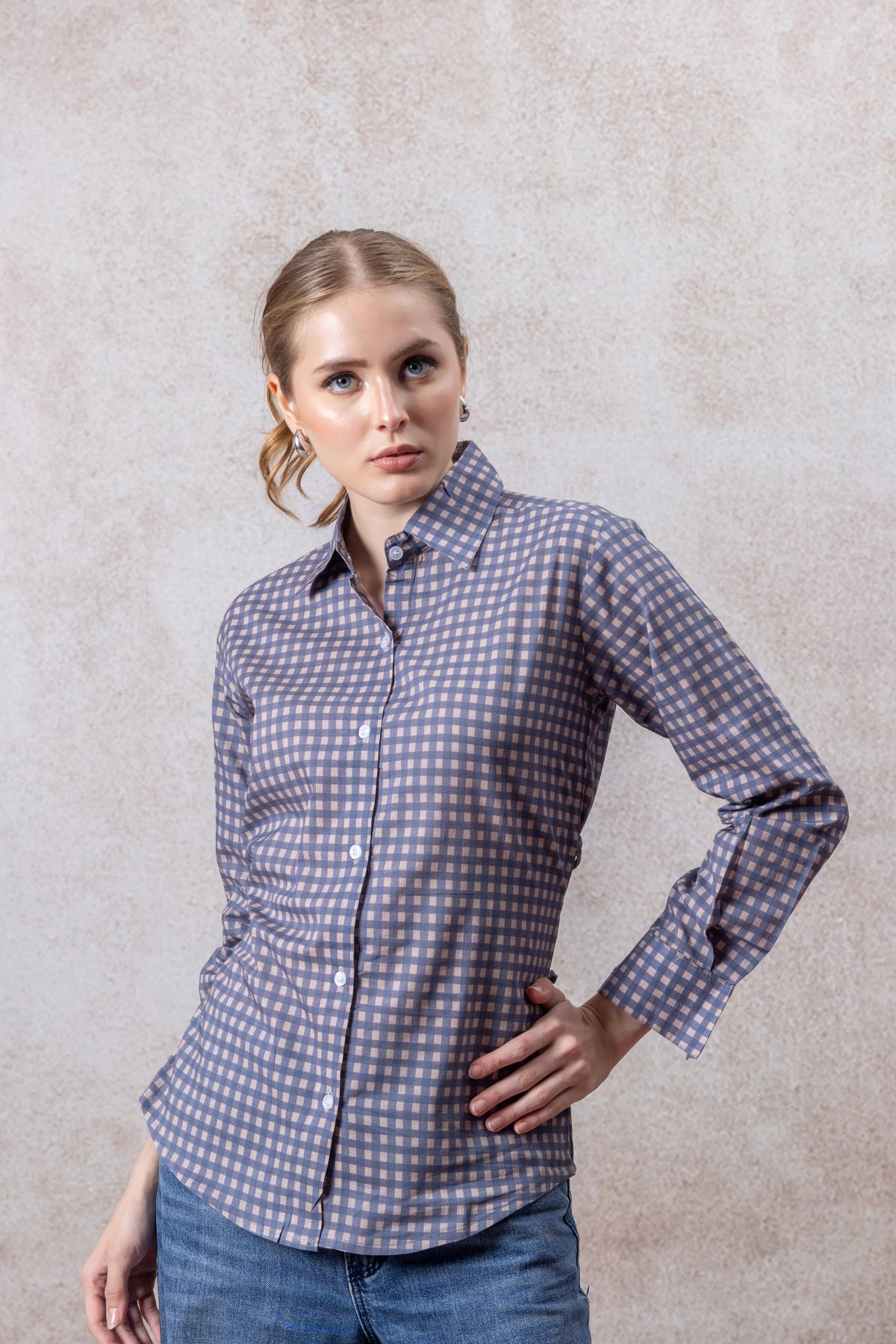 Classic Long Sleeve Blue Checkered Cotton Shirt