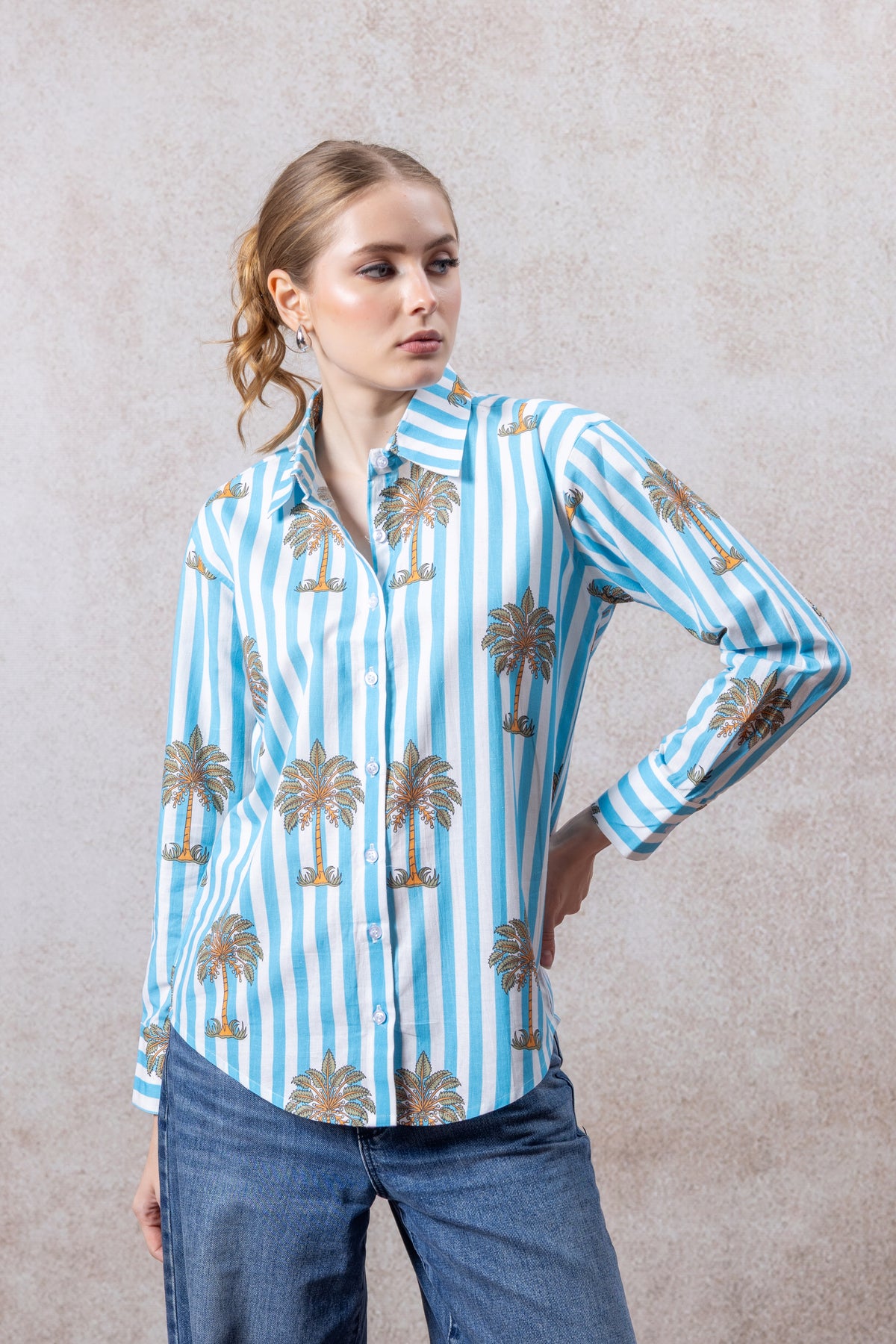 Blue & White Striped Tropical Print Cotton Shirt