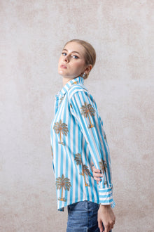 Blue & White Striped Tropical Print Cotton Shirt