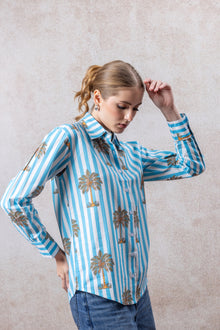 Blue & White Striped Tropical Print Cotton Shirt