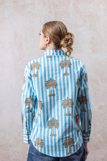 Blue & White Striped Tropical Print Cotton Shirt