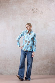 Blue & White Striped Tropical Print Cotton Shirt