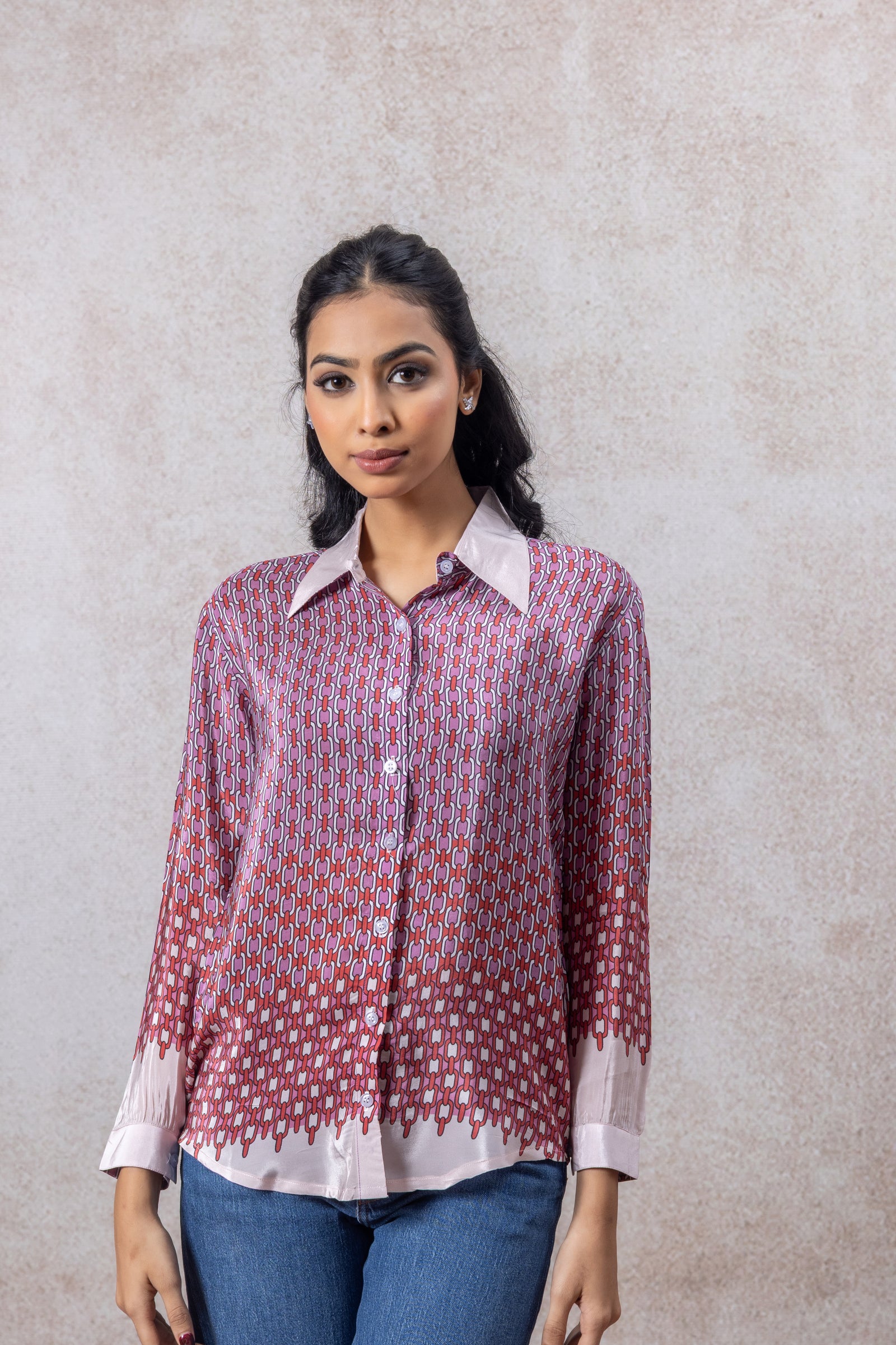 Pink & Red Geometric Crepe Shirt