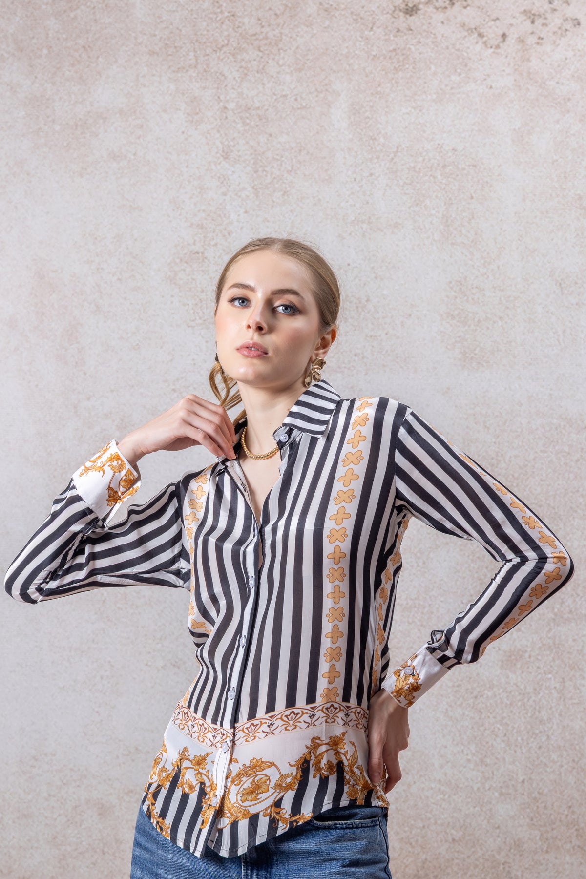 Black & Gold Baroque Stripe Crepe Shirt