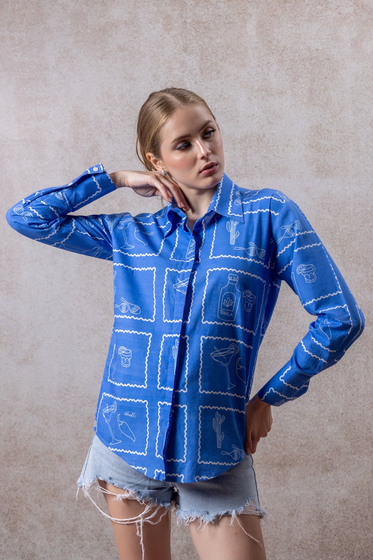 Electric Blue Cotton Shirt – Tequila Sketch Print Casual Wear