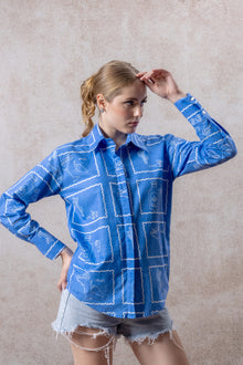 Electric Blue Cotton Shirt – Tequila Sketch Print Casual Wear