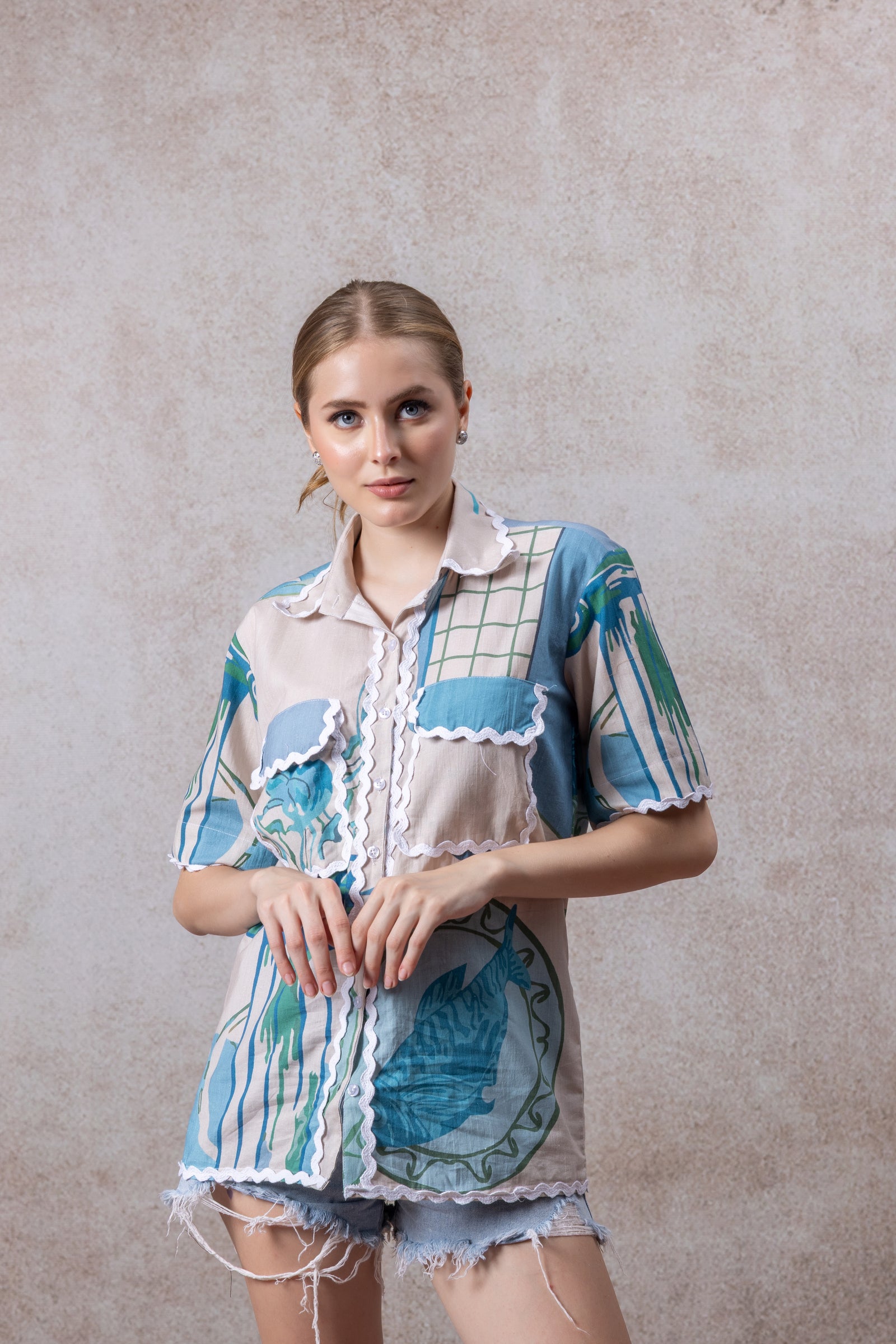 Abstract Blue & Green Cotton Shirt – Short Sleeve Artistic Print