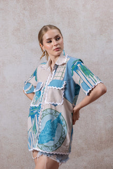 Abstract Blue & Green Cotton Shirt – Short Sleeve Artistic Print