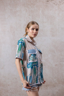 Abstract Blue & Green Cotton Shirt – Short Sleeve Artistic Print