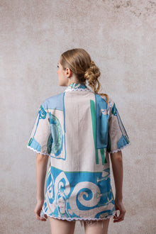 Abstract Blue & Green Cotton Shirt – Short Sleeve Artistic Print