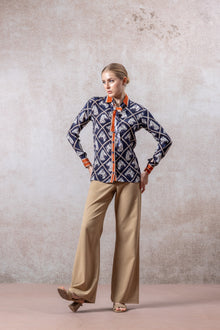 Navy Graphic Button-Down Shirt with Contrast Trim