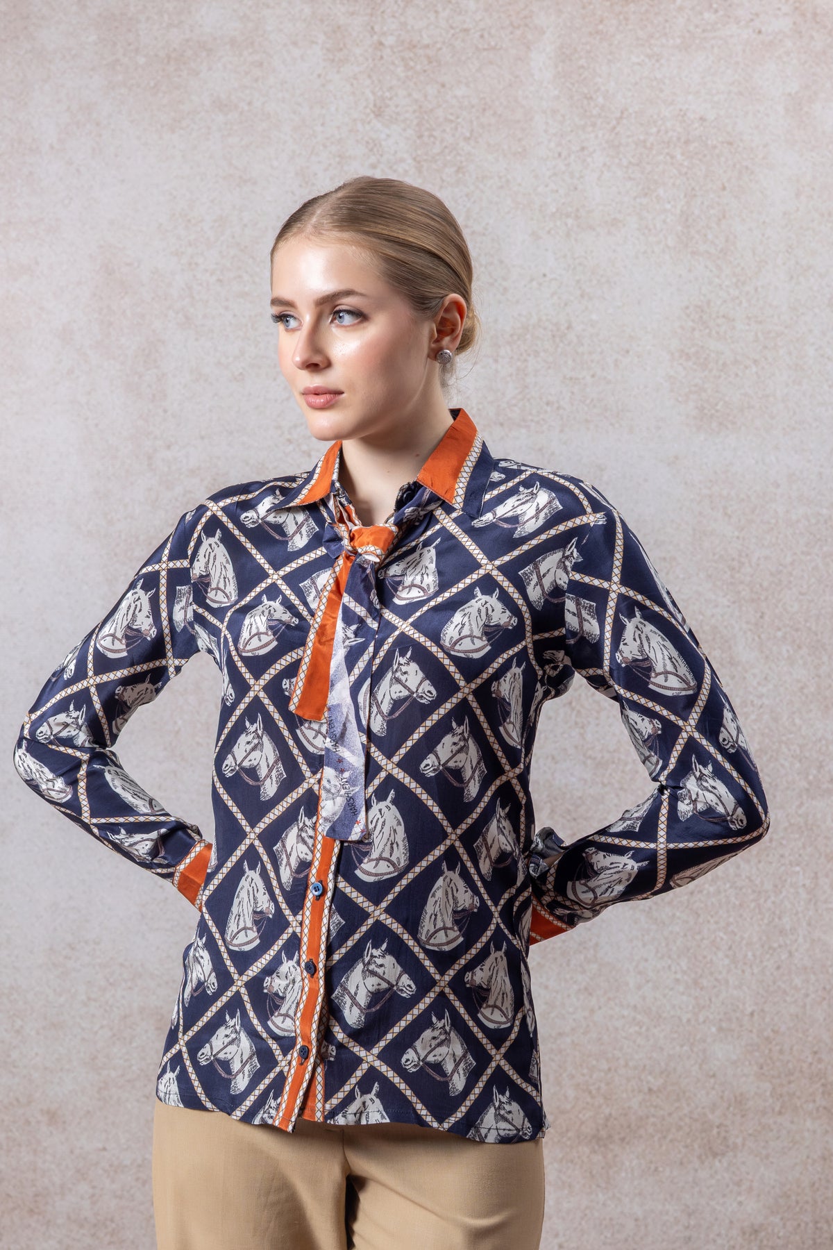 Navy Graphic Button-Down Shirt with Contrast Trim