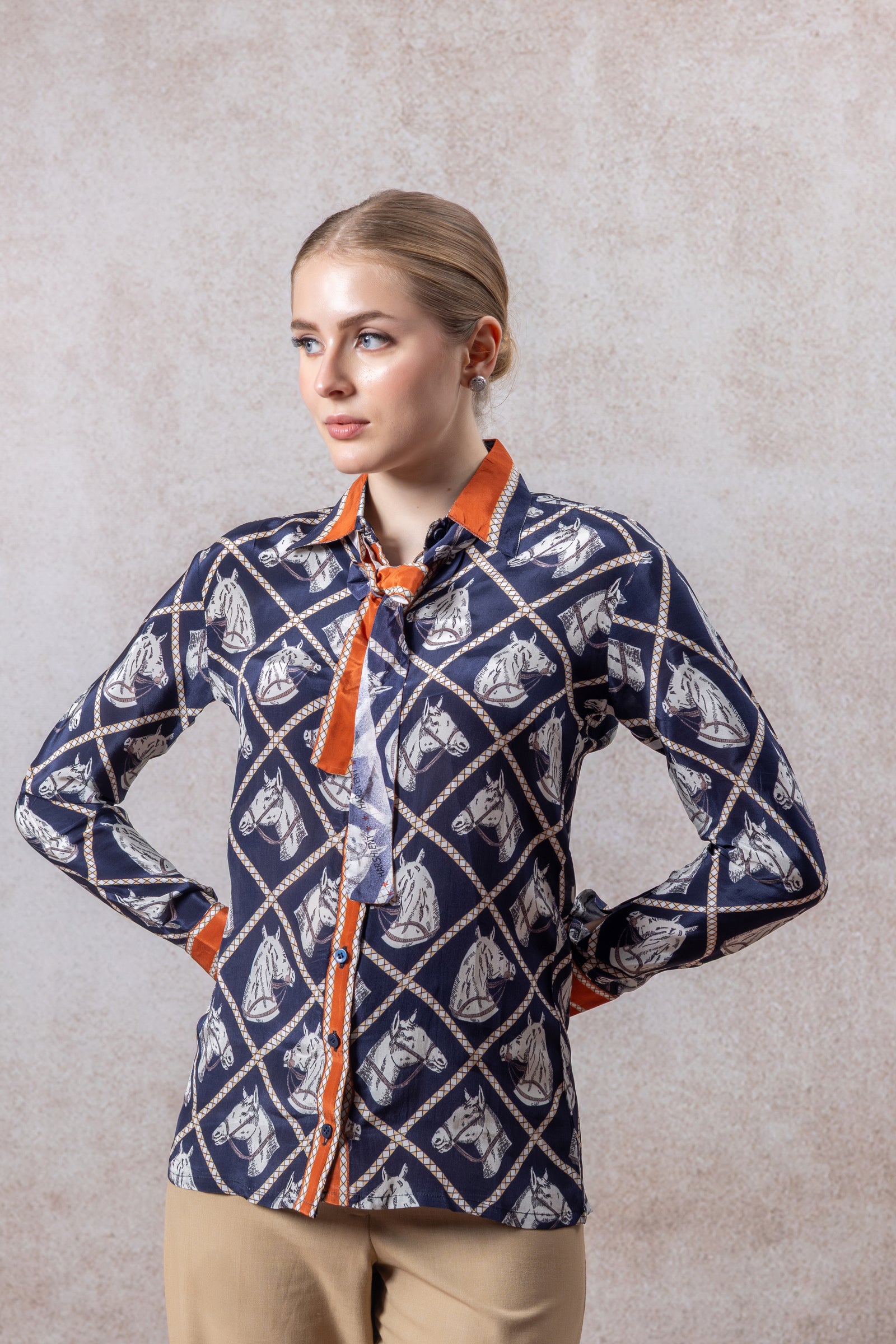Navy Graphic Button-Down Shirt with Contrast Trim