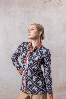 Navy Graphic Button-Down Shirt with Contrast Trim