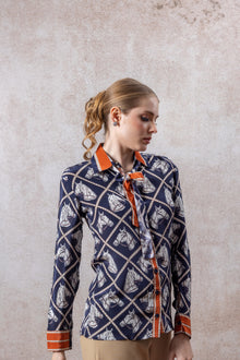 Navy Graphic Button-Down Shirt with Contrast Trim