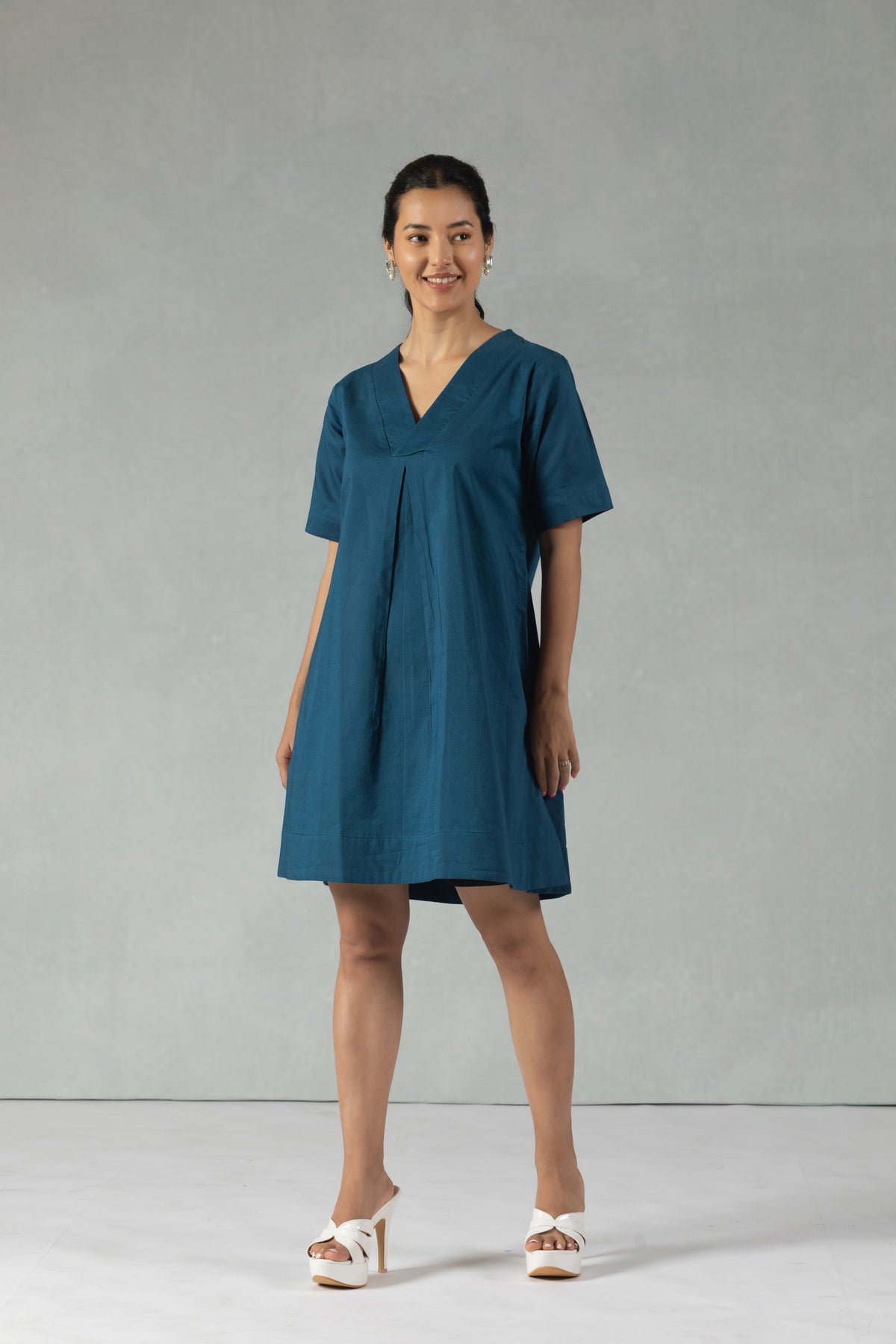 Teal Cotton V-Neck Mini Dress