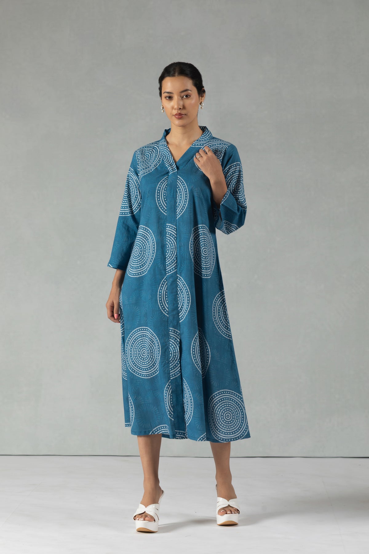 Blue Geometric Cotton Shift Dress