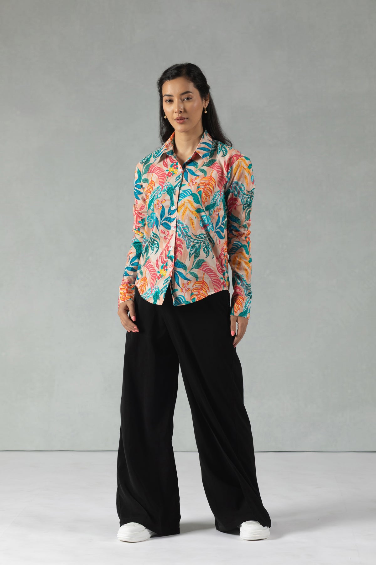 Teal Cotton Shirt with Coral Vine Print