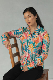 Teal Cotton Shirt with Coral Vine Print