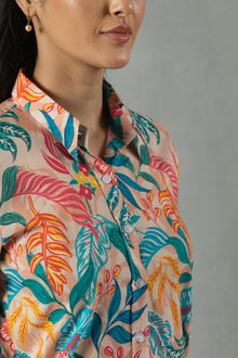 Teal Cotton Shirt with Coral Vine Print