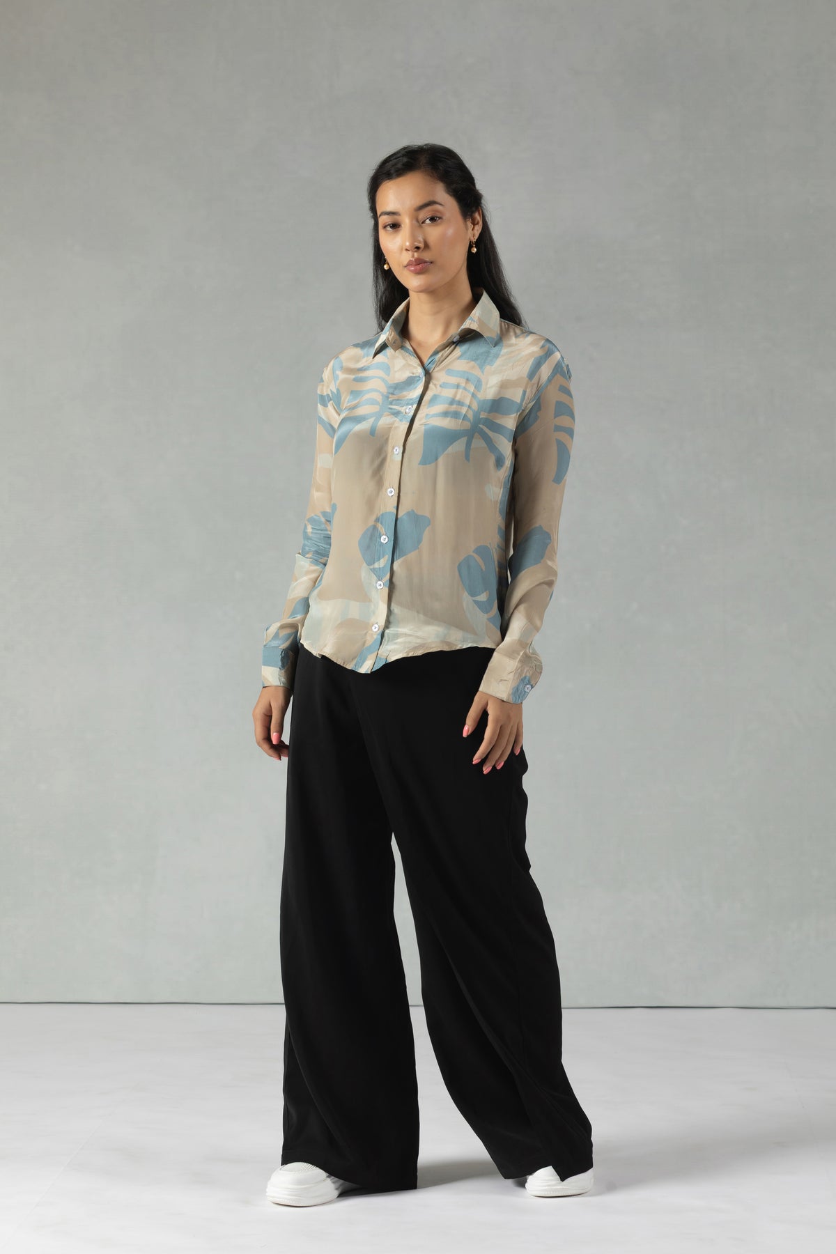 Grey Crepe Shirt with Subtle Botanical Accents