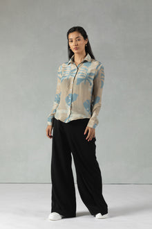 Grey Crepe Shirt with Subtle Botanical Accents