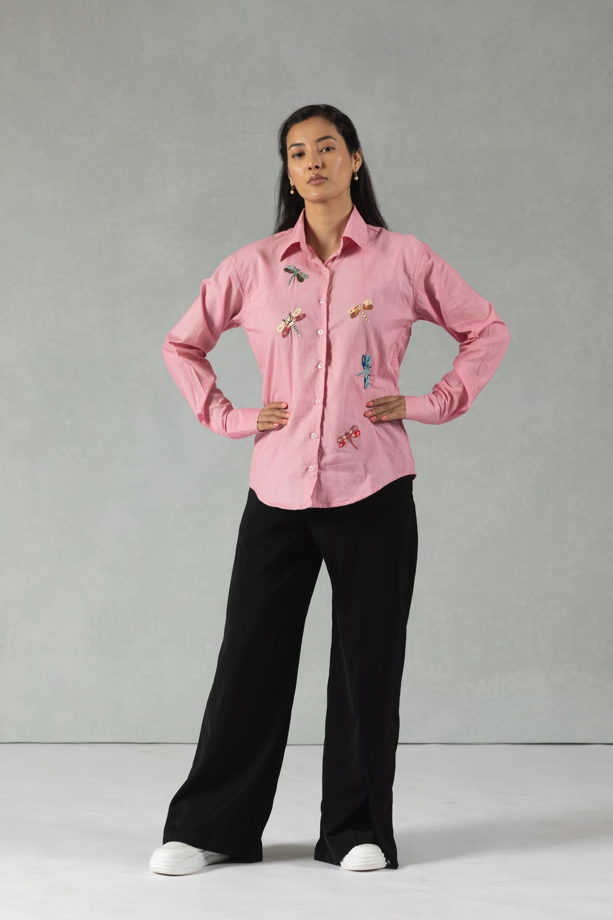 Pink Cotton Shirt with Hand Embroidered Dragonfly Motif