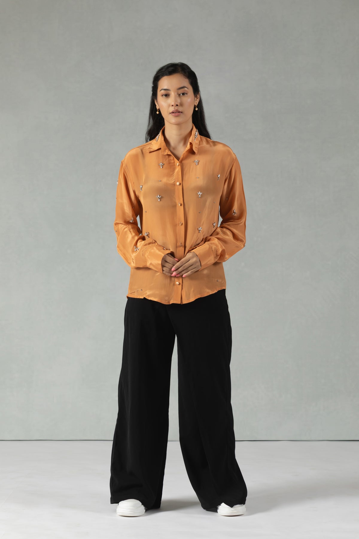 Orange Crepe Shirt with Minimal Handwork Detailing