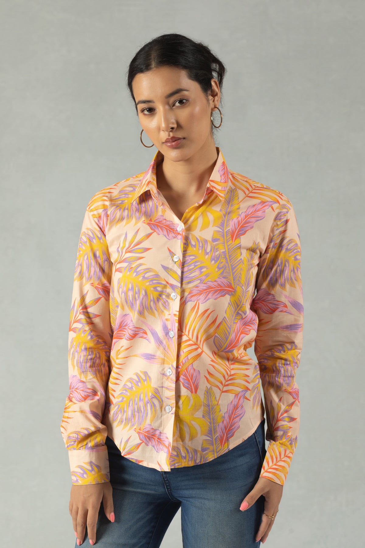 Orange Cotton Shirt with Retro Bloom Print