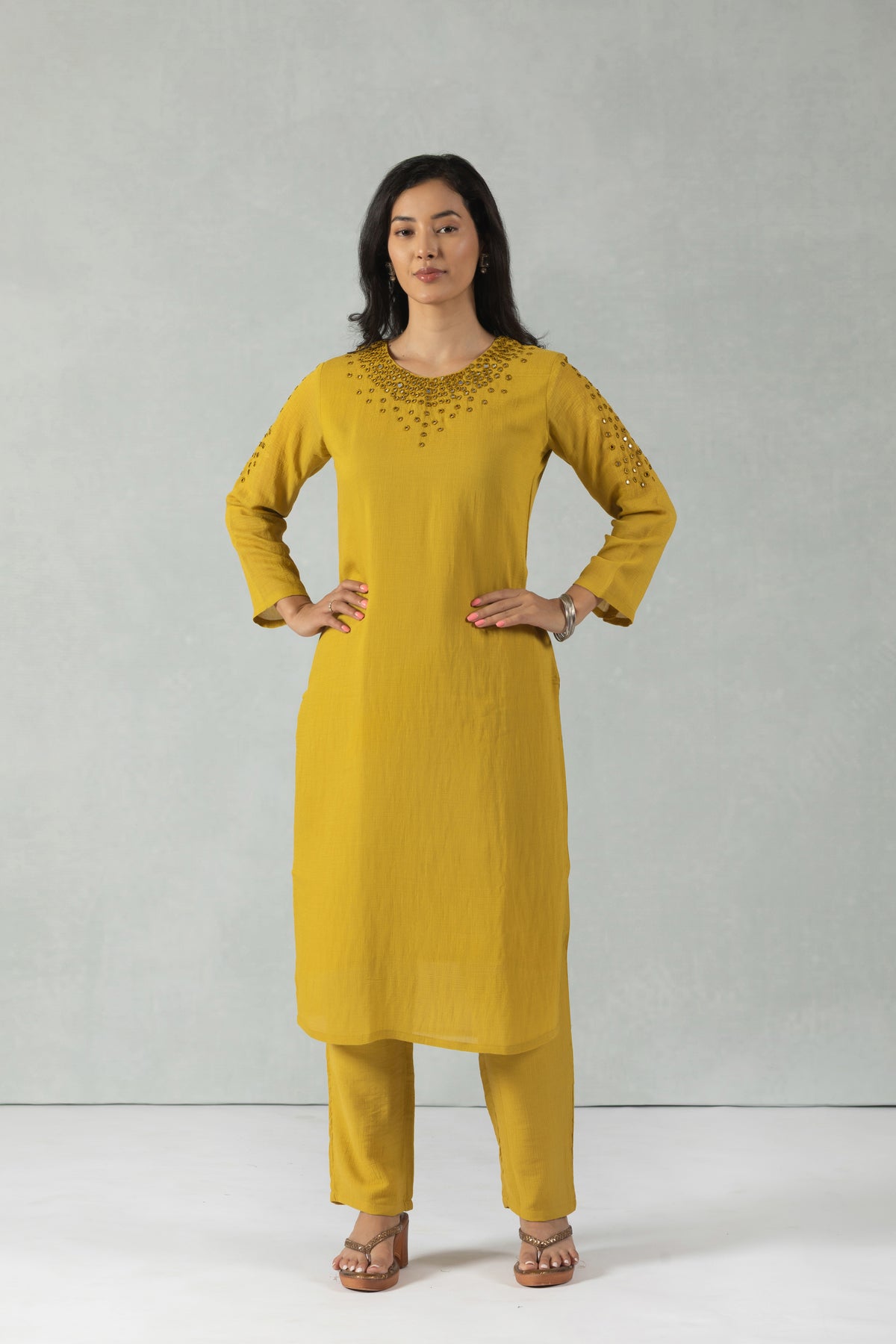 Marigold Round Neck Handwork Ethnic Co-Ord Set