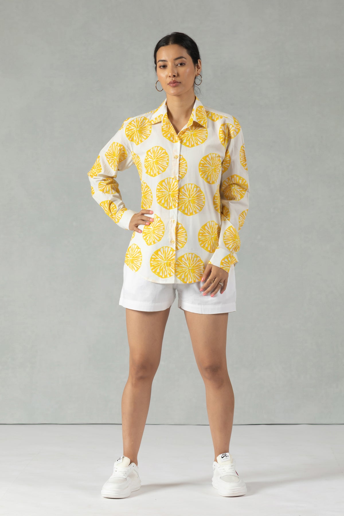 Yellow Cotton Shirt with Sunny Citrus Print