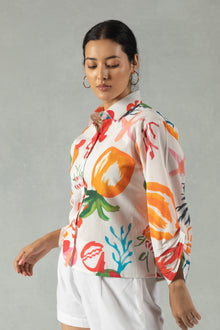 White Cotton Shirt with Vibrant Graphic Motifs