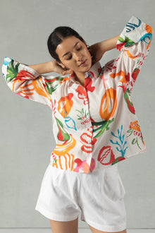 White Cotton Shirt with Vibrant Graphic Motifs