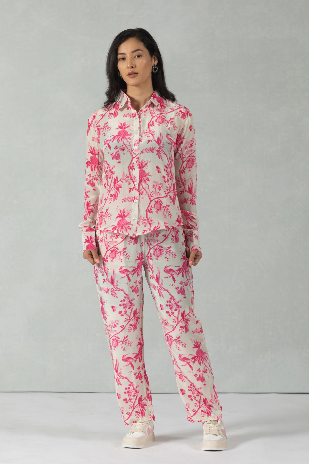 Pink Full Sleeves Floral Crepe Co-Ord Set