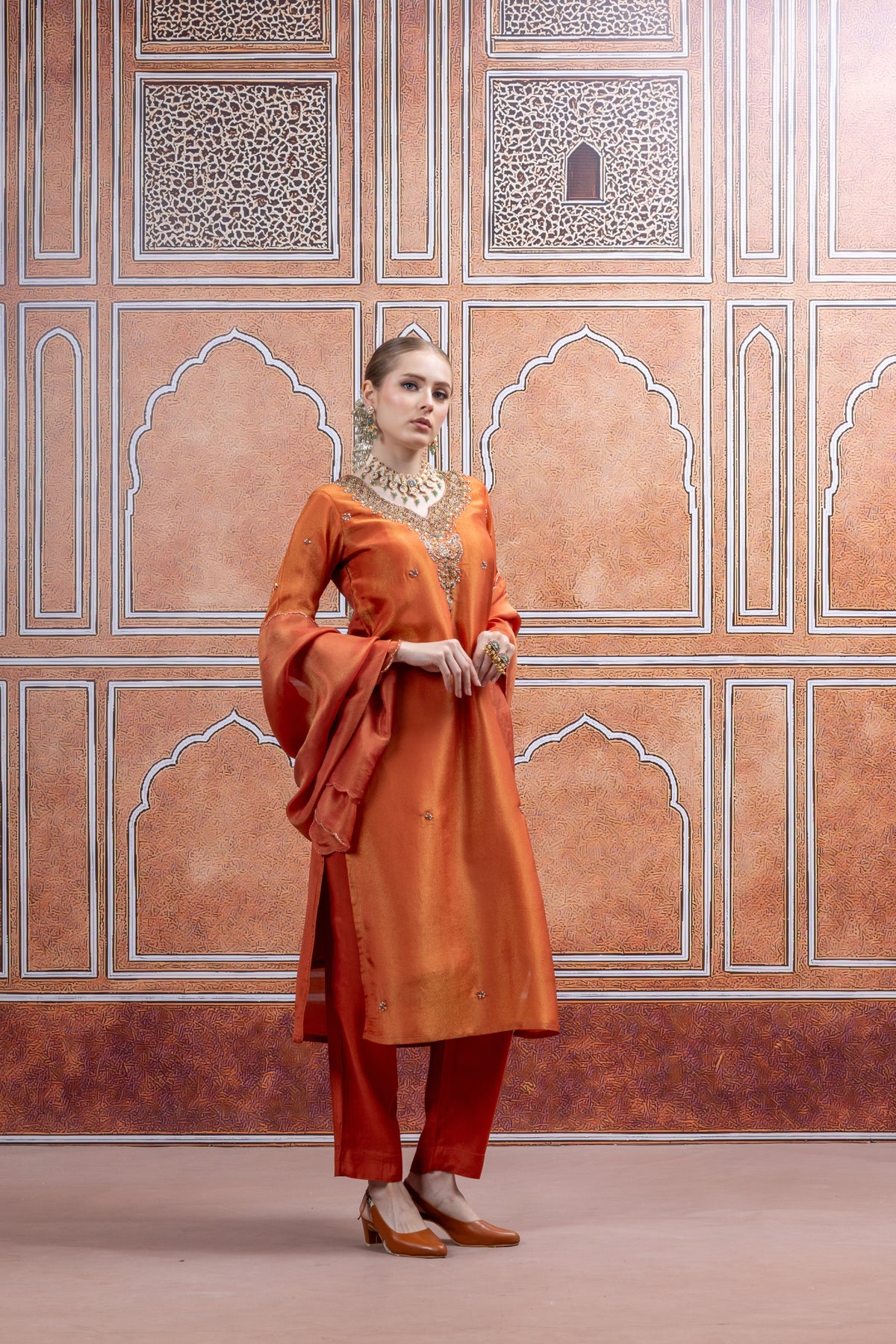 Radiant Orange Handwork Suit Set