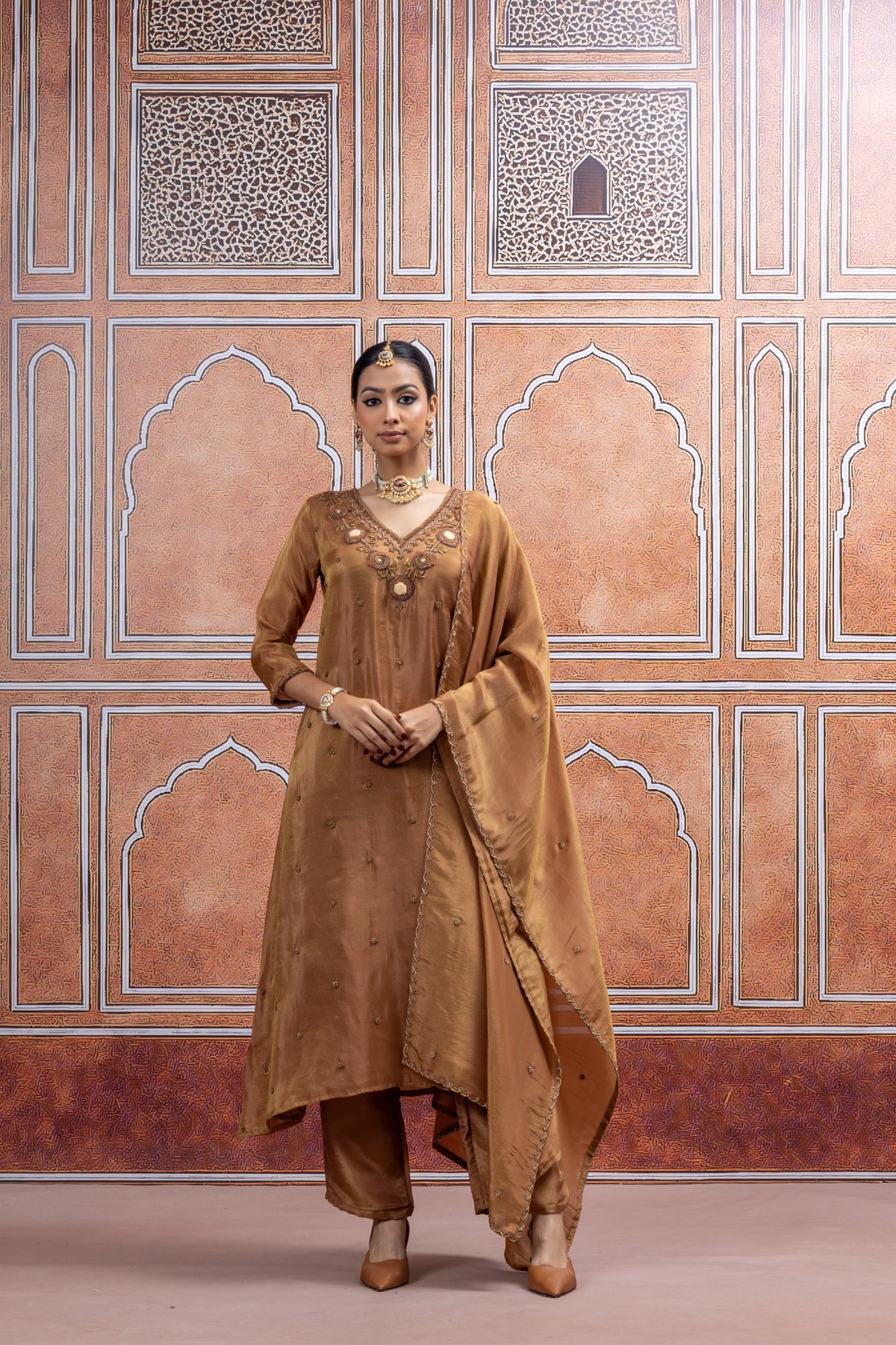 Copper Brown handwork Kurta Set with Dupatta