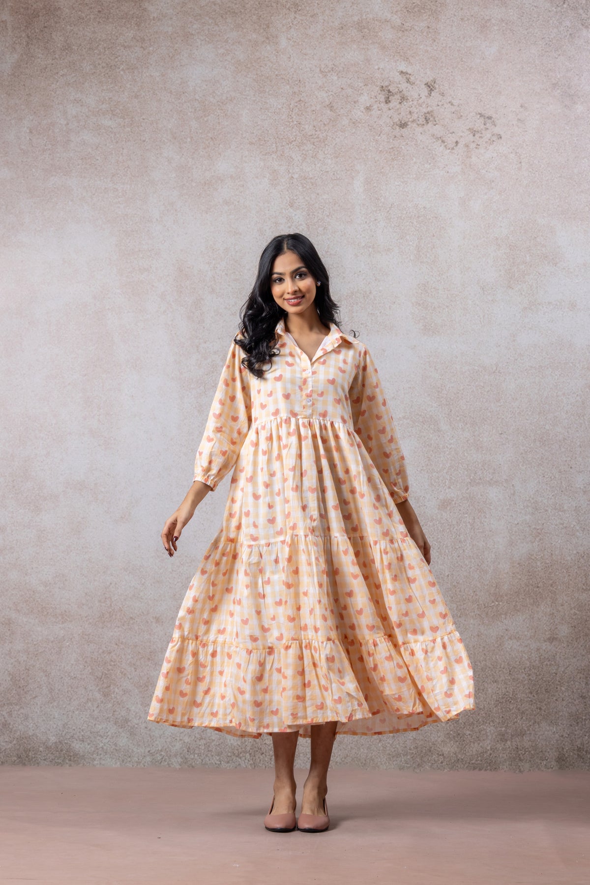 Peach Blossom Printed Cotton Flared Dress for Women