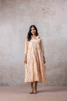 Peach Blossom Printed Cotton Flared Dress for Women