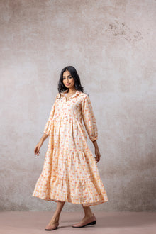 Peach Blossom Printed Cotton Flared Dress for Women