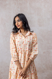 Peach Blossom Printed Cotton Flared Dress for Women