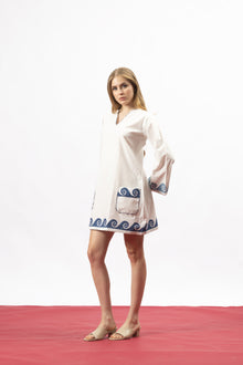 Ivory Breeze Cotton Tunic Dress with Blue Wave Print