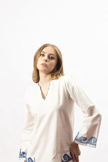 Ivory Breeze Cotton Tunic Dress with Blue Wave Print