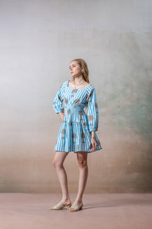 Azure Palm Striped Cotton Short Dress