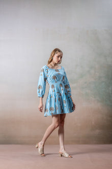 Azure Palm Striped Cotton Short Dress