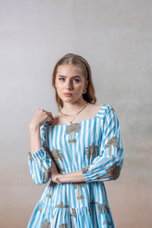 Azure Palm Striped Cotton Short Dress