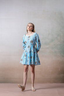 Azure Palm Striped Cotton Short Dress