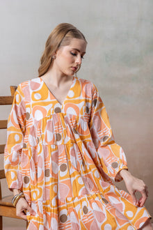 Sunset Aura Geometric Printed Tiered Dress
